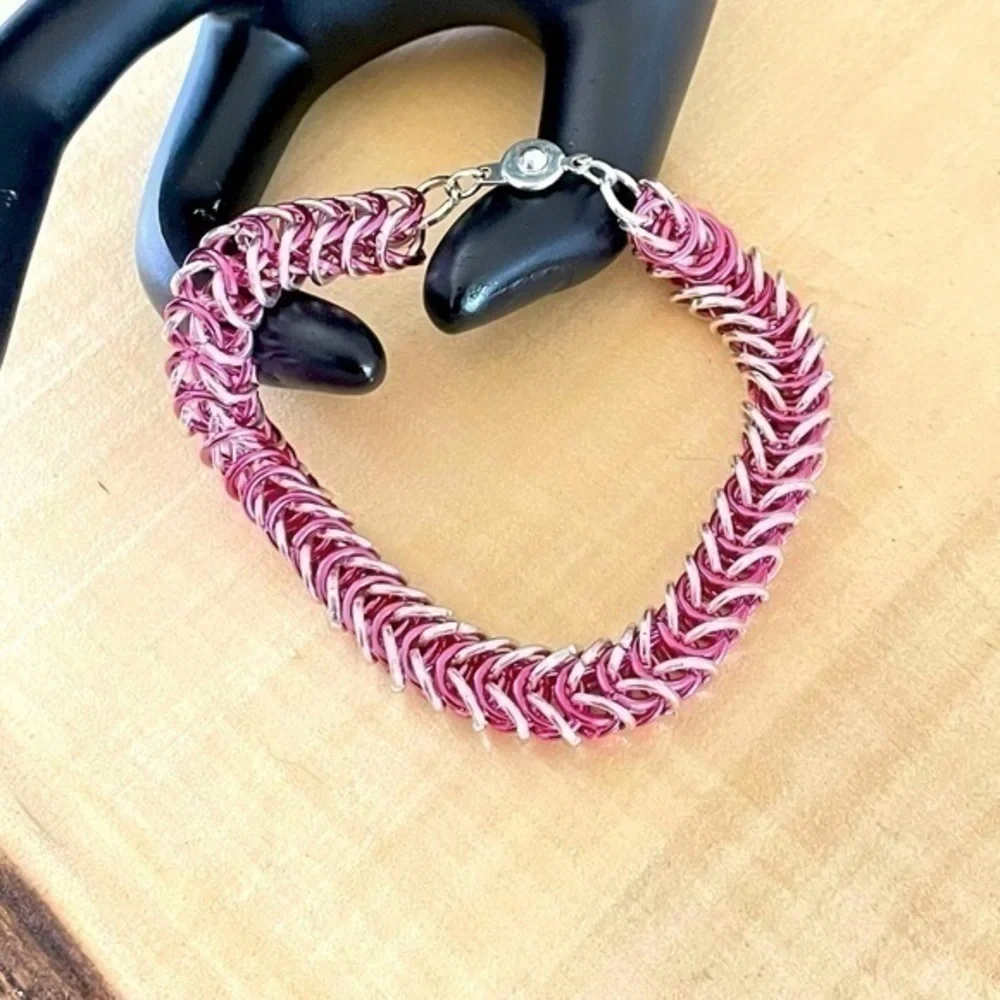 $49 SALE Handmade Neon Pink Silver Chainmail Bracelet Button Clasp Hand Linked